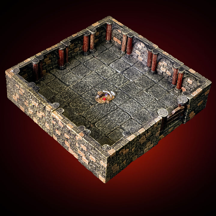 Image of an assembled Starter Dungeon set, showing an 8 by 8 inch open vaulted dungeon.
